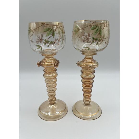 Fritz Heckert Hand Enameled White Green Gold Floral Luster Hock Wine Glass (2) - Picture 1 of 13